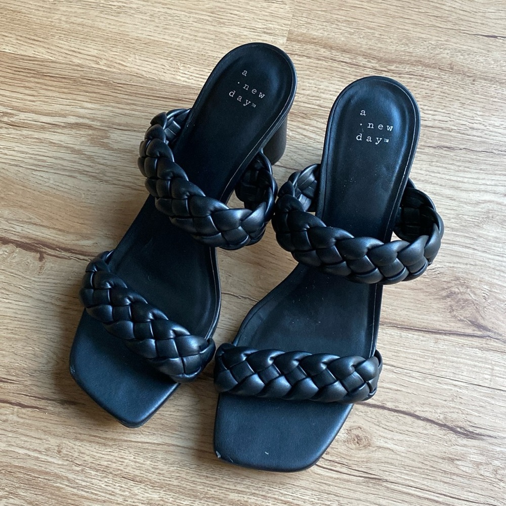 Women’s 8.5 - A New Day Black Basil Braided Straps Heeled Sandal Mule